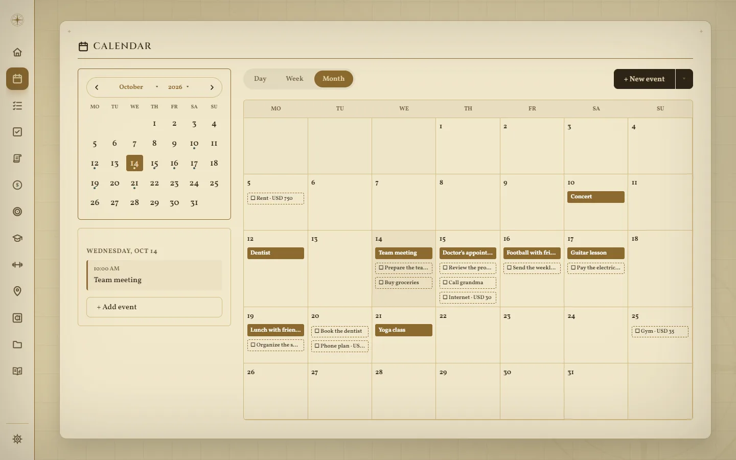 Calendar: a month with events, tasks and bills
