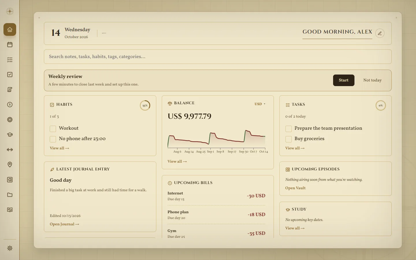 Atlas's Home screen: habits, balance, tasks, upcoming bills and the latest journal entry